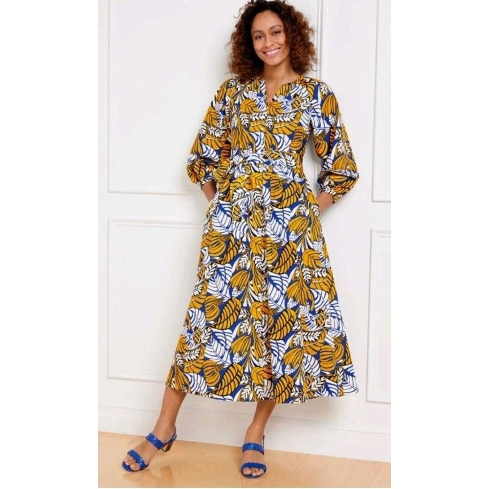 NWOT Talbots Poplin Shirt Dress Yellow / Blue Colorblock Leaf Print Pockets 14